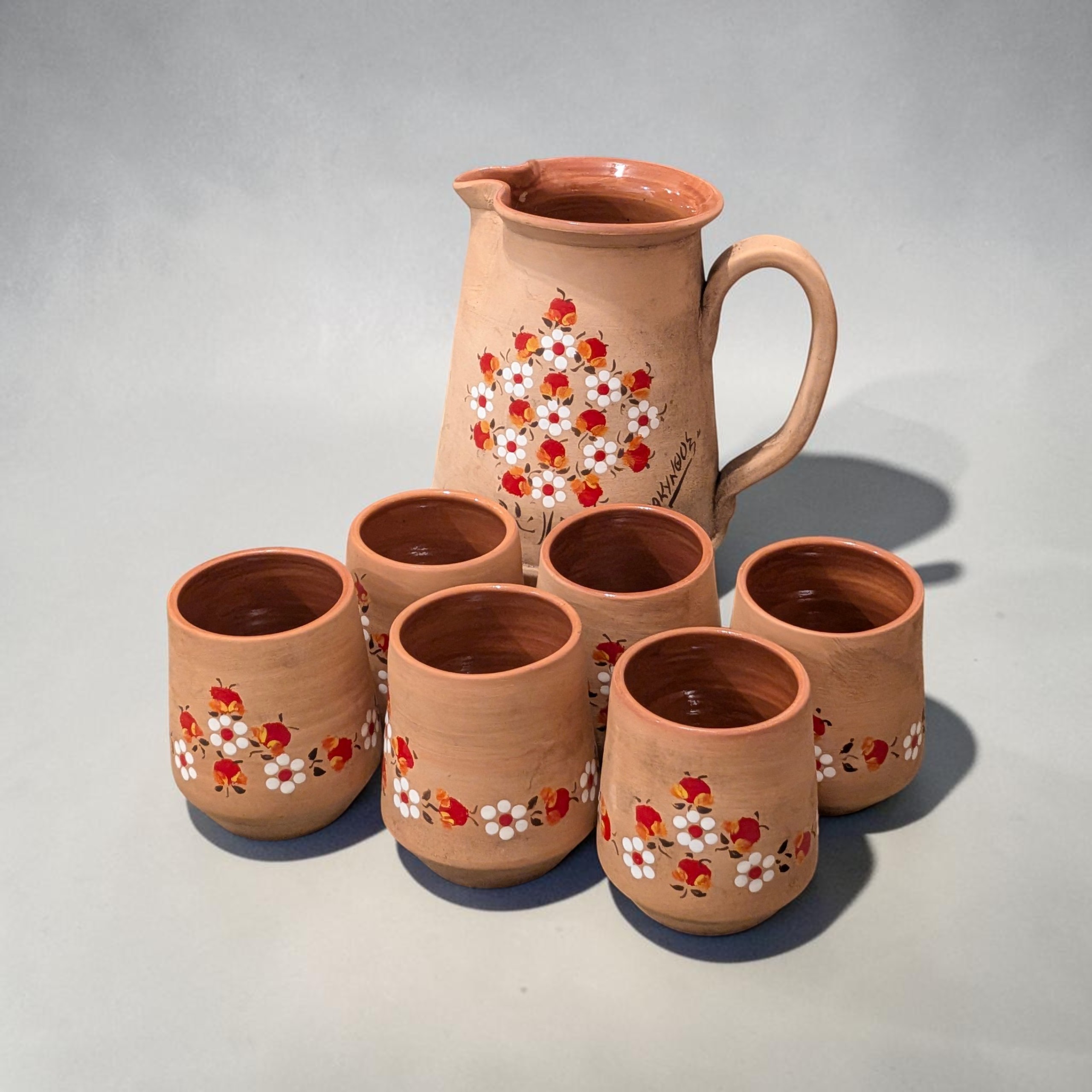 Hand-Painted Greek Terracotta Wine / Water Pitcher & 6 Tumblers - Zakynthos Souvenir