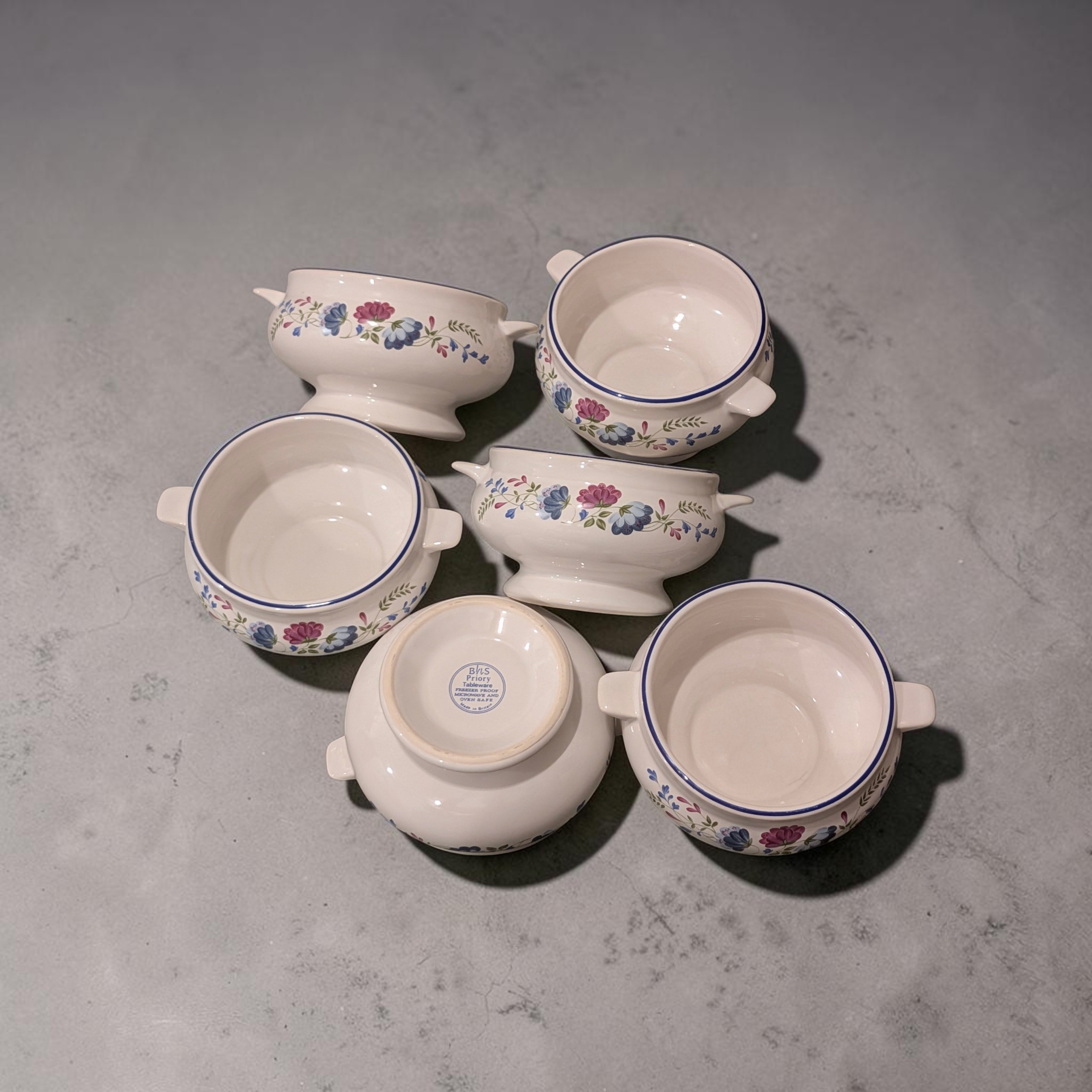 Set of 6 Vintage BHS Priory Tableware Twin-Handled Soup Bowls
